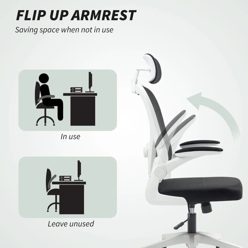 HOMCOM Mesh Office Chair, Ergonomic Desk Chair with Flip-up Armrest, Rotatable Headrest, Adjustable Lumbar Support, Black