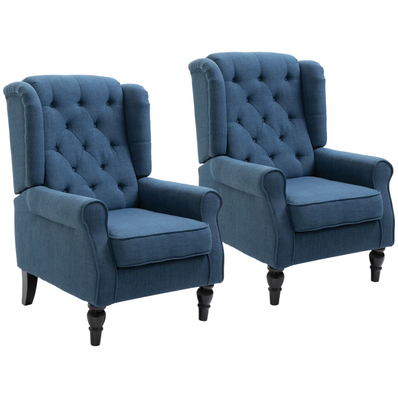 HOMCOM Button-Tufted Accent Chair with High Wingback, Rounded Cushioned Armrests and Thick Padded Seat, Set of 2, Blue