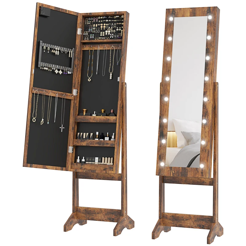 HOMCOM Free Standing Armoire Organizer, Lighted Mirrored Jewelry Cabinet w/ Angle Adjustable & 16 LED Lights Rustic Brown