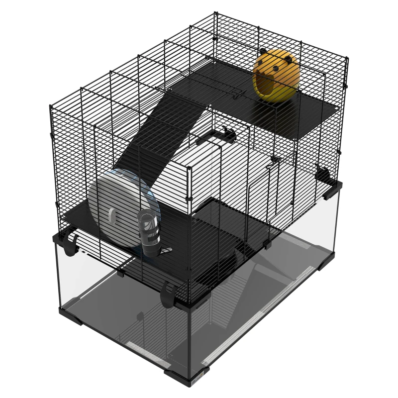 PawHut Hamster Cage, Gerbil Cage with Glass Basin for Small Hamsters, Black