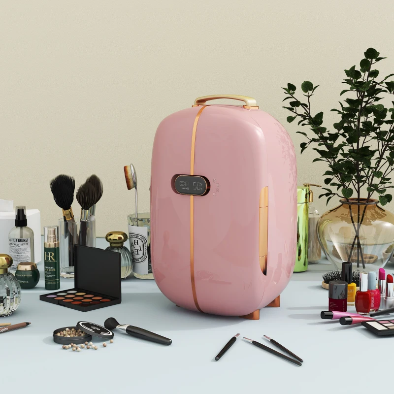 HOMCOM Portable Skincare Fridge with LED Display, 12L Mini Fridge for Beauty, Makeup and Cosmetics, Small Refrigerator Cooler for Bedroom, Home Office, Desktop, Pink