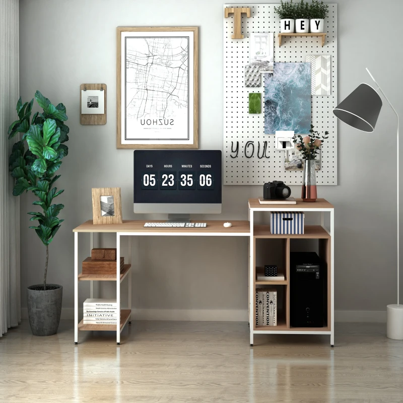 HOMCOM 68 Inch Office Table Computer Desk Workstation Bookshelf with CPU Stand, Spacious Storage Shelves & Chic Modern Woodgrain Design, Oak Wood Grain