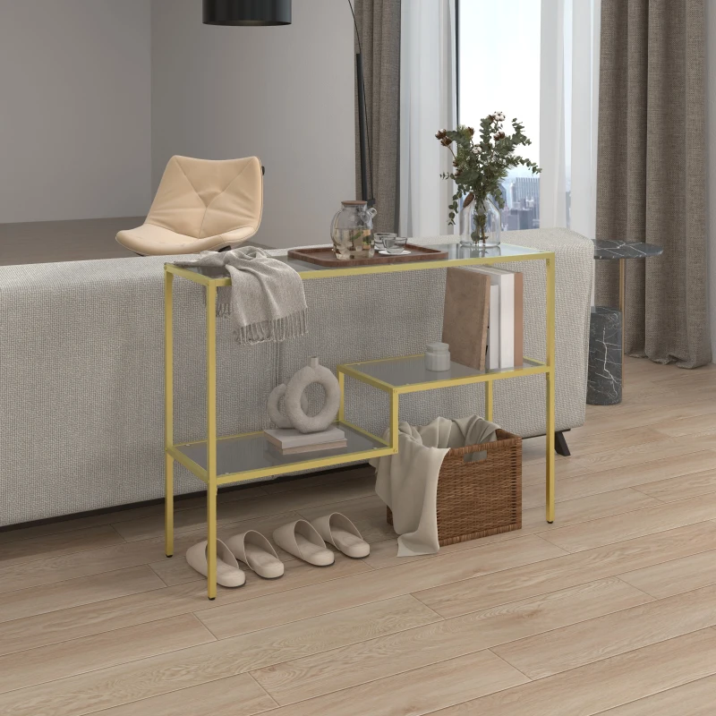 HOMCOM Gold Console Table, 39" Tempered Glass Behind Sofa Table, Narrow Entryway Table with Storage Shelves, Steel Frame for Living Room Furniture, Hallway Furniture, Glass Table