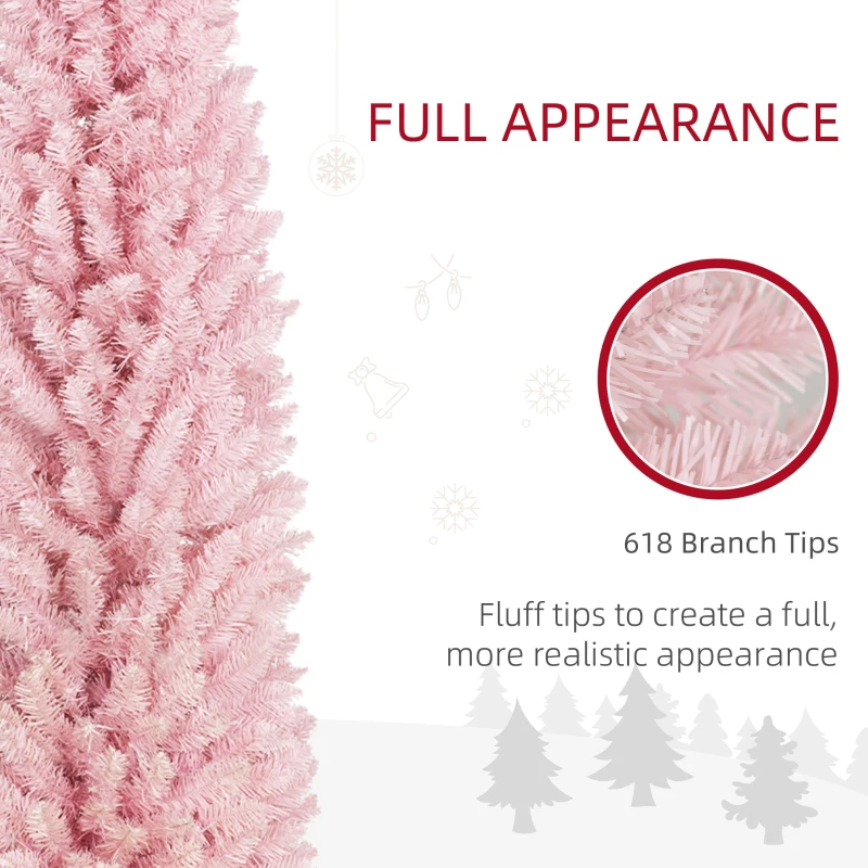 HOMCOM 8ft Pencil Christmas Tree, Slim Artificial Christmas Tree with Realistic Branches and Warm White LED Lights, Pink