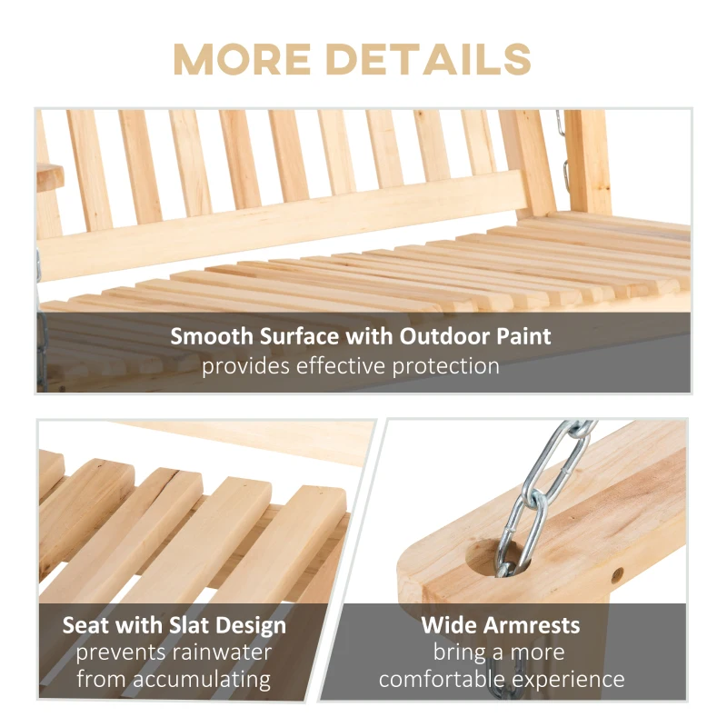 Outsunny 2-People Porch Swing Bench, Patio Swing Chair with 2 Adjustable Hanging Chains for Deck, Garden, Backyard, Natural