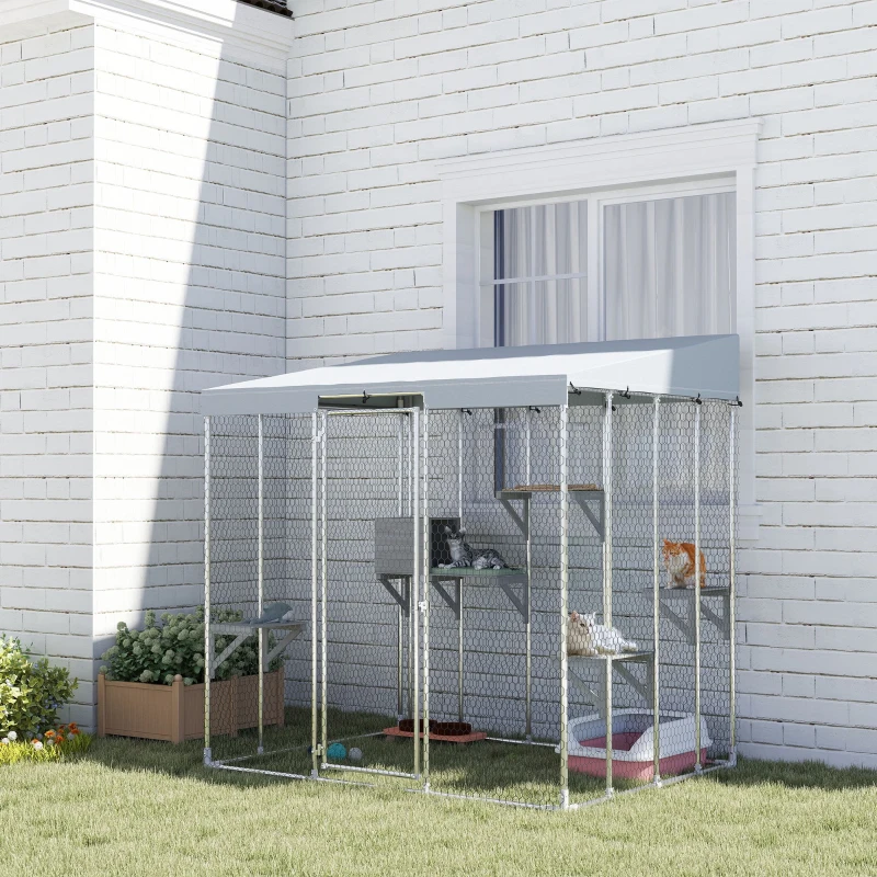 PawHut 79" Galvanized Steel Large Catio with Waterproof Canopy, Sleeping Box, Jumping Platforms, for 1-3 Kittens, Silver(m-10)
