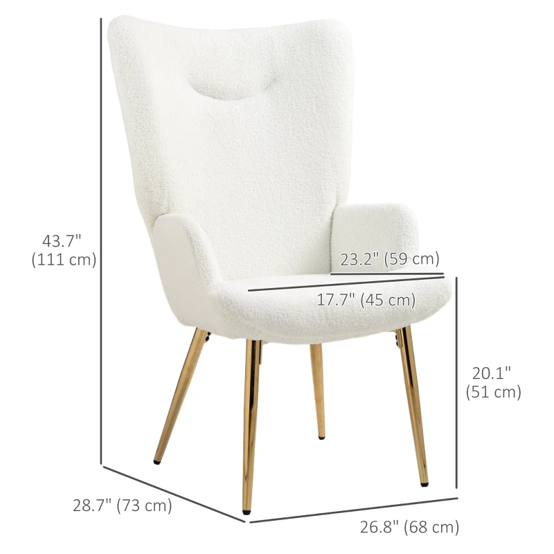 HOMCOM Modern Accent Armchair, Sherpa Boucle Lounge Chair with Metal Legs for Living Room, Bedroom, White