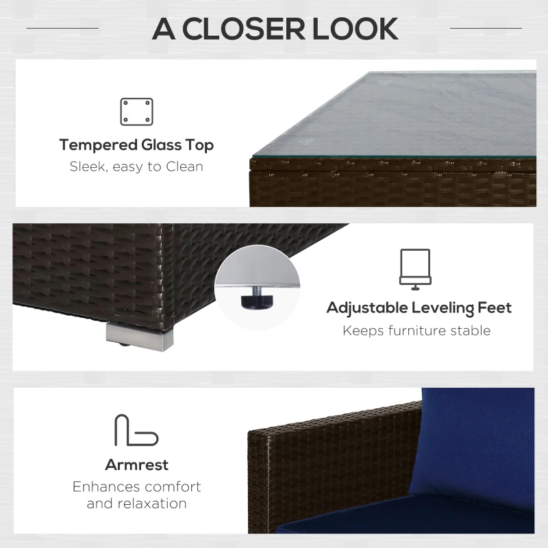 Outsunny 6 Piece Patio Furniture Set Outdoor Wicker Conversation Set All Weather PE Rattan Sectional Sofa Set with Ottoman, Cushions and Tempered Glass Table, Coffee and Blue