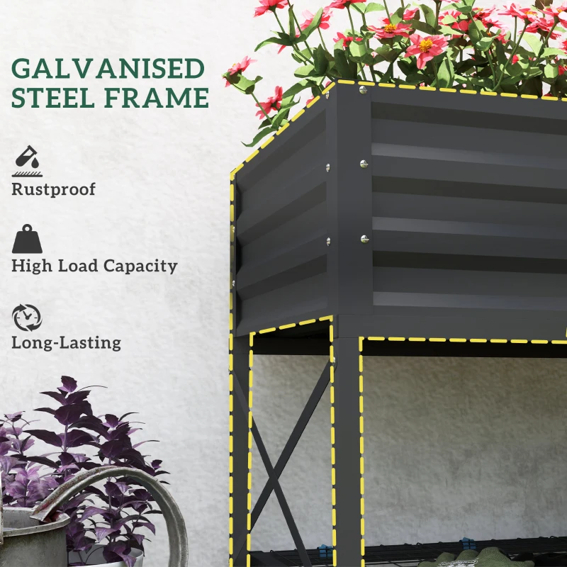 Outsunny Galvanized Raised Garden Bed, Metal Planter Box with Legs, Storage Shelf and Bed Liner, Dark Gray