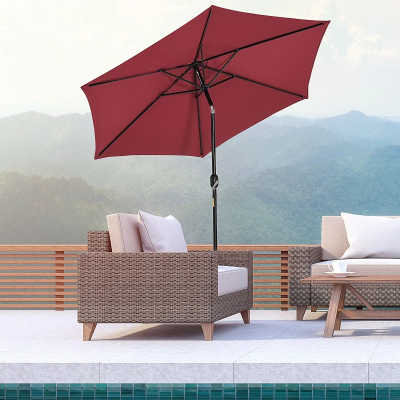 Outsunny 9' Round Aluminum Patio Umbrella 6 Ribs Market Sunshade Tilt Canopy w/ Crank Handle Garden Parasol Wine Red