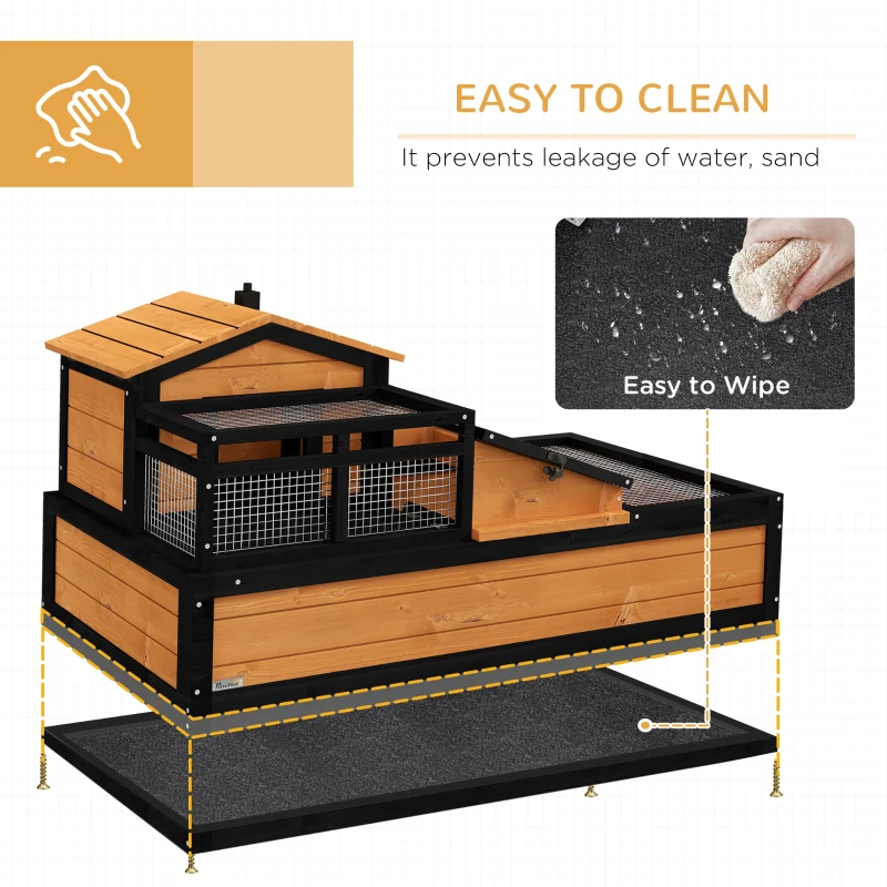 PawHut 3-Room Tortoise House Habitat with Balcony & 2 Stories, Indoor/Outdoor Wooden Tortoise Enclosure with Ladder, Tray, Openable Roof, Large Reptile Cage, 44" x 25.5" x 23", Yellow