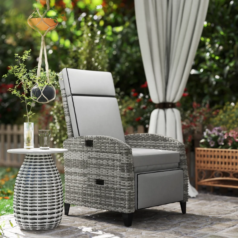 Outsunny Outdoor Recliner Chair with Cushions, Reclining Patio Lounge Chair with Adjustable Footrest, Armrests, Tray Table, Gray