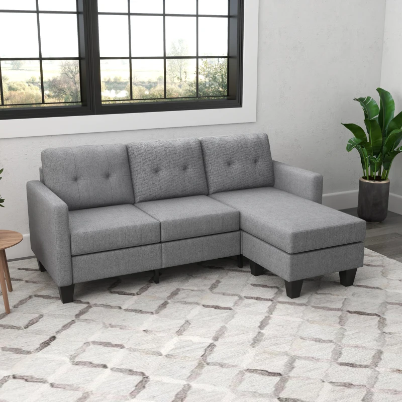 HOMCOM L-shaped Sofa, 3 Seater Couch with Ottoman, Corner Sofa with Thick Padded Cushion and Wood Legs, Light Grey