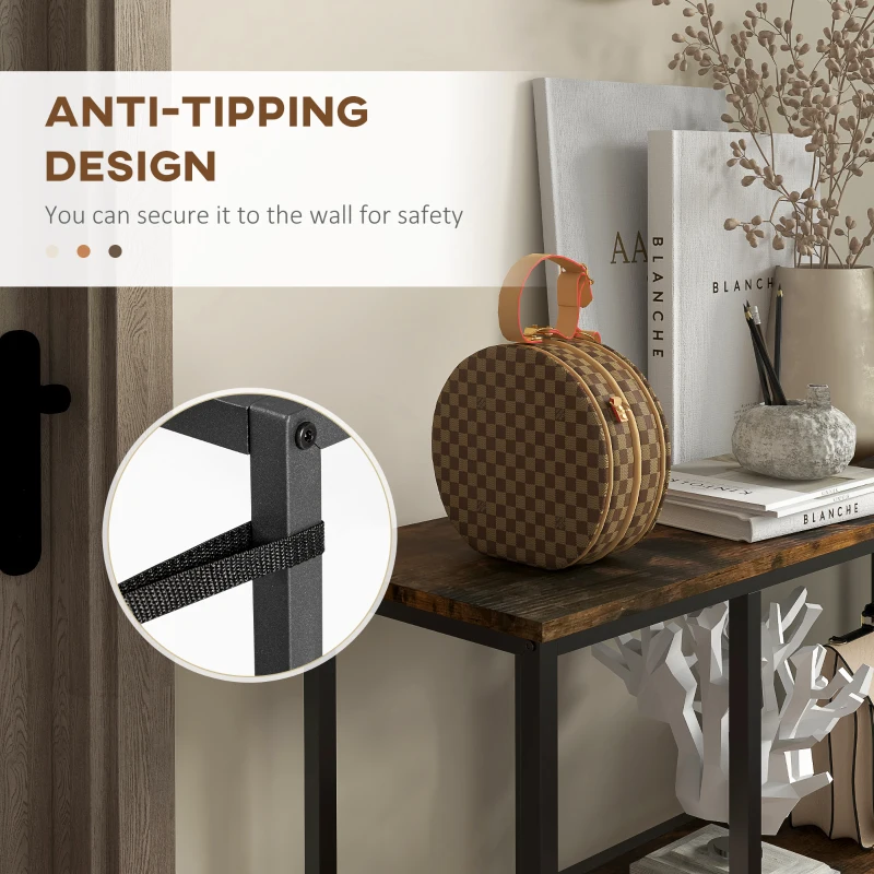 HOMCOM 39" Console Table, Entryway Table with 2 Storage Shelves, Steel Frame, Narrow Sofa Table for Living Room, Brown