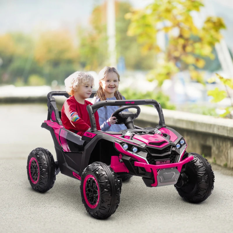 Qaba 24V 7AH Ride on Car, 2 Seater 4 MPH Ride on UTV with 4 Shock Absorbers, Music Horn LED Lights, for 3-8 Years, Pink