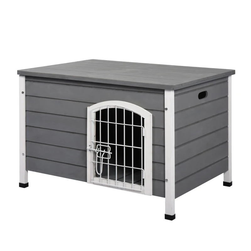 PawHut 31" Folding Dog House, Portable Pet Crate Kennel, Wooden Wire Cage for Miniature and Small Sized Dogs with Lockable Doors Open Top Removable Tray, Grey