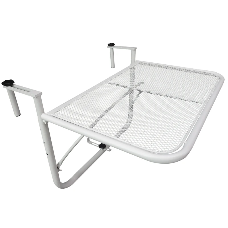 Outsunny Adjustable Balcony Hanging Railing Table, Metal Mounting Mini Wall Desk Storage Rack, Outdoor Flower Stand Serving Table Rectangle, White