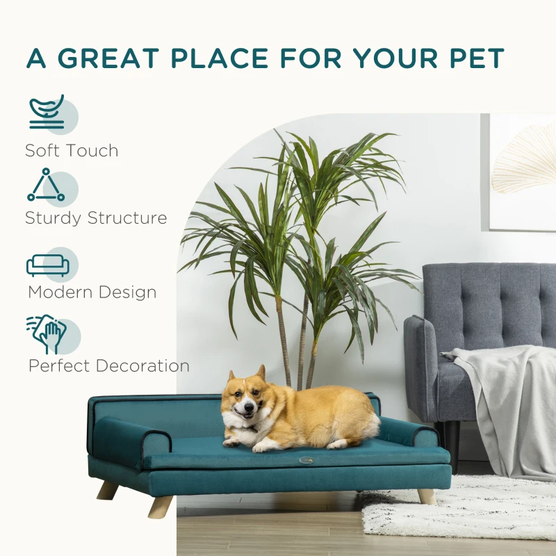 PawHut Large Dog Couch for a Fancy Dog Bed, Elevated Dog Sofa Bed with Washable Cover, Wooden Legs, Teal