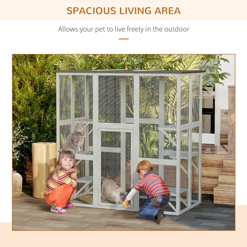 PawHut Large Outdoor Catio Enclosure, Weatherproof Cat House with Asphalt Roof,  Wooden Cat Patio Cage with 6 Balanced Platforms, 71" x 39" x 71", Grey