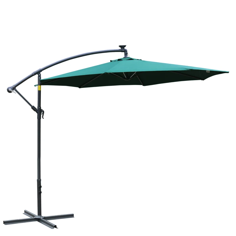 Outsunny 10ft Cantilever Solar Hanging Offset Umbrella Outdoor LED Lights Aluminum Market Banana Parasol Crank w/ Cross Base Garden Sun Shelter Green