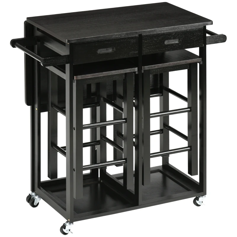 HOMCOM Bamboo Breakfast Cart 3 Piece Kitchen Trolley with Drop Leaf Table and 2 Square Stools, Coffee Brown