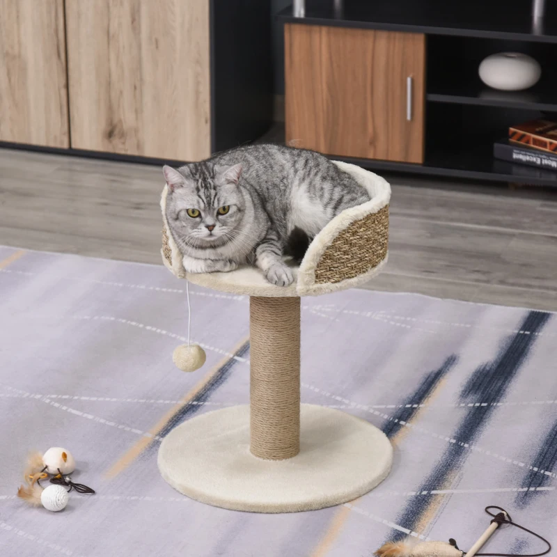PawHut Cat Tree with Scratching Post, Toy Ball, Perch, Small Cat Tower for Indoor Cats - 16" x 16" x 19", Beige