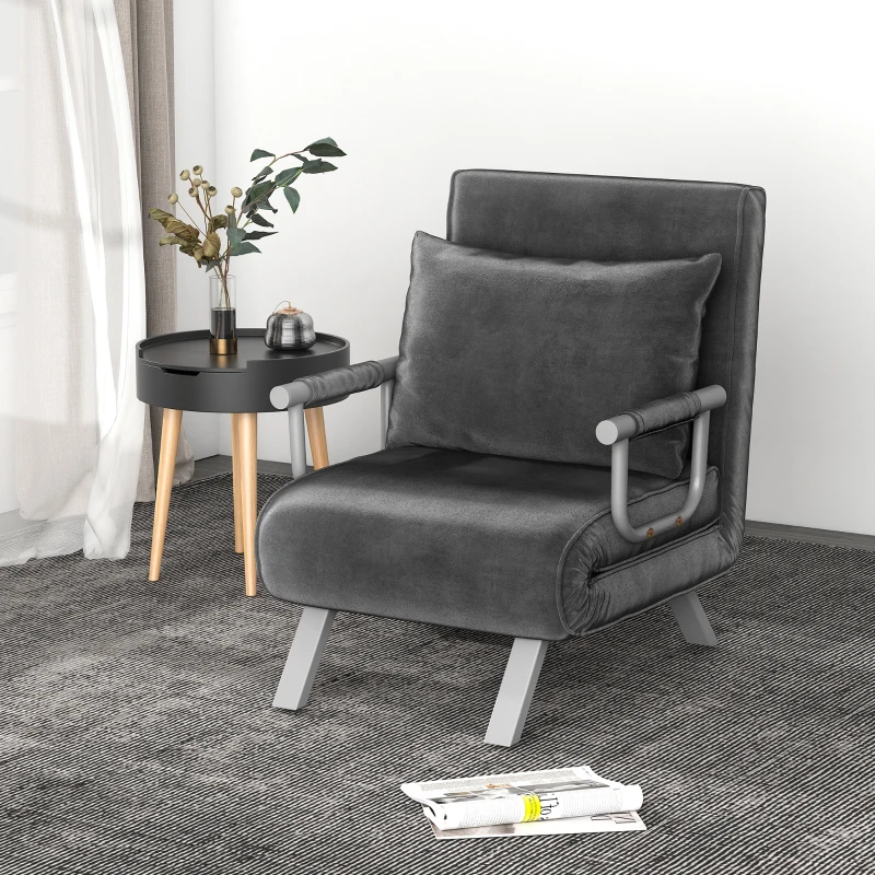 HOMCOM Single Person Folding 5 Position Convertible Sofa Bed Sleeper Chair Chaise Lounge Couch w/Pillow & Steel Frame, Dark Grey