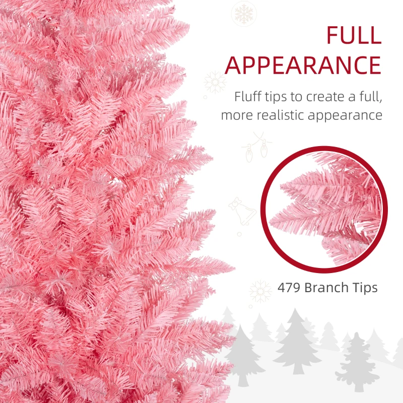HOMCOM 6ft Tall Pencil Artificial Christmas Tree with 479 Branch Tips with Steel Base, Pink