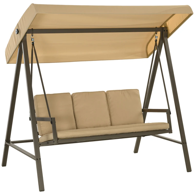 Outsunny 3 Seater Patio Swing Chair, Porch Swing with Adjustable Canopy and Removable Cushions, Outdoor Swing Seat, Beige