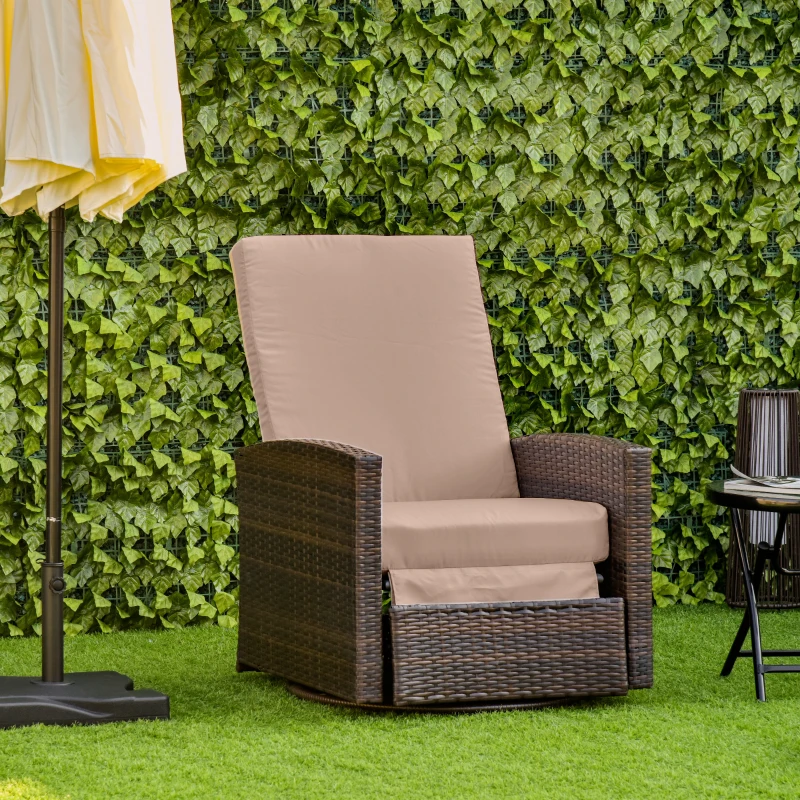Outsunny Outdoor Wicker Swivel Recliner Chair, Reclining Backrest, Lifting Footrest, 360° Rotating Basic, Water Resistant Cushions for Patio, Khaki