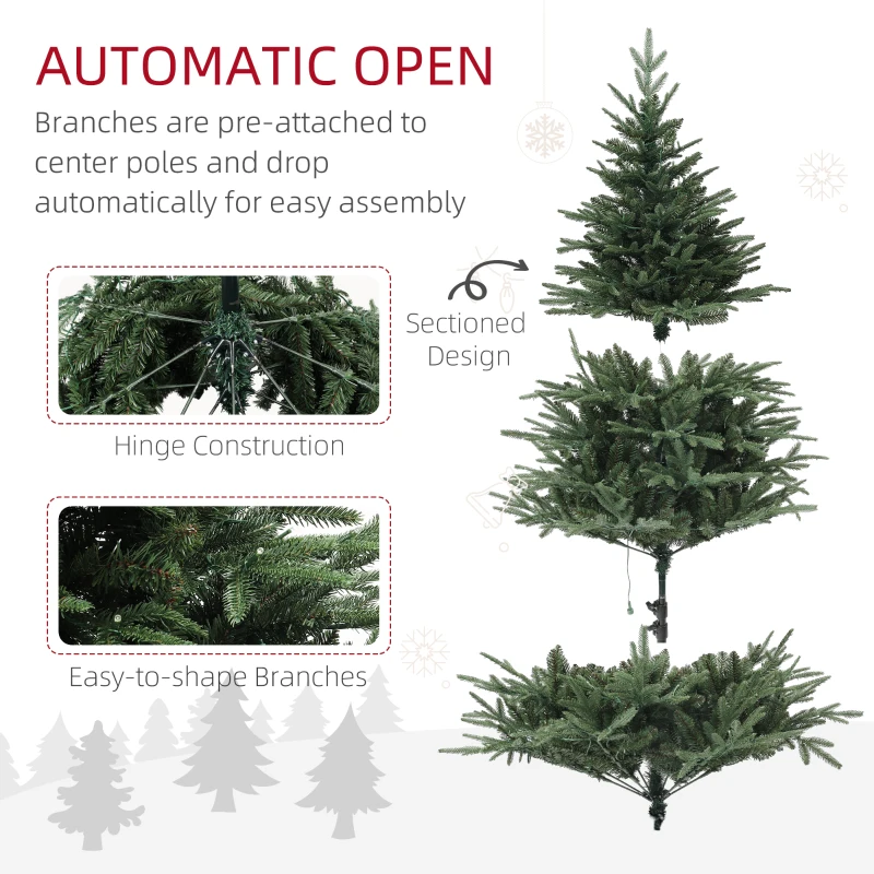 HOMCOM 6ft Prelit Artificial Christmas Tree with 1022 Tips, Warm White LED Lights, Steel Base, Hinged Xmas Tree, Auto Open