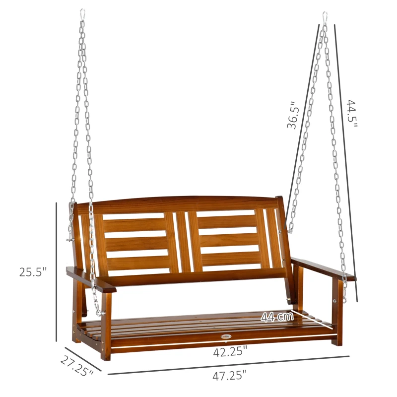Outsunny 2 Person Front Porch Swing, Hanging Patio Swing, Outdoor Swing Bench with Pine Wood Frame and Hanging Chains for Garden and Yard