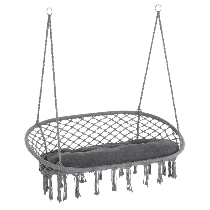 Outsunny Patio Hammock Chair 2 Seat, Hanging Rope Hammock Swing Chair with Metal Frame and Cushion, Large Macrame Seat for Indoor and Outdoor 396 lbs Capacity, Dark Grey