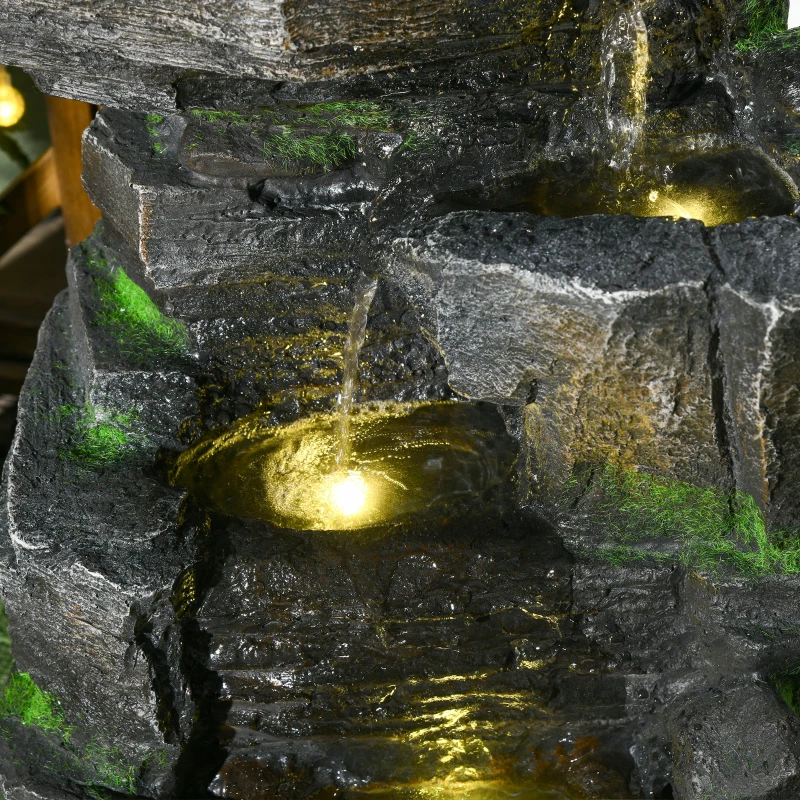 Outsunny 4-Tiered Rock Outdoor Water Fountain with LED Lights, Adjustable Flow, 22.4-inch Resin Waterfall Fountain