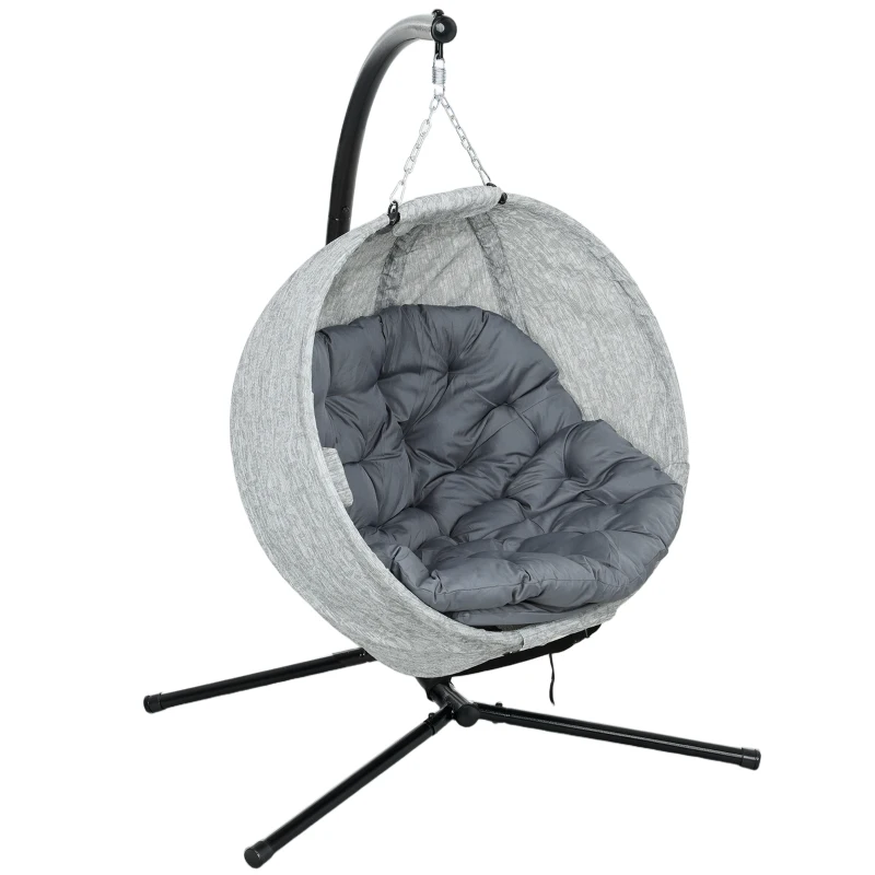 Outsunny Egg Chair with Folding Basket, Outdoor Indoor Hanging Swing Chair with Stand, Cushions for Patio, Balcony, Grey