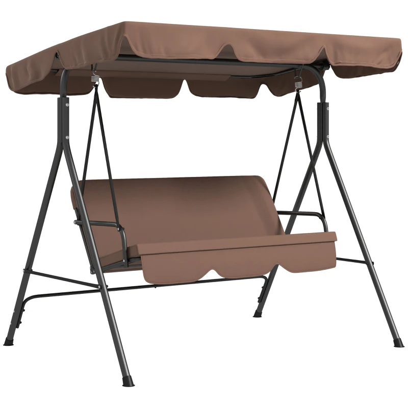 Outsunny Large Family Swing Set, 3-Seat Adjustable Canopy Swing Bench with Cushion, Steel Frame Stand for Patio, Garden, Family Use, Brown