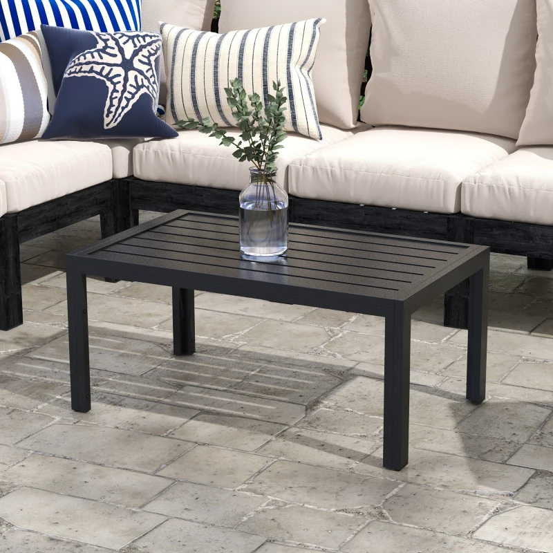 Outsunny Outdoor Coffee Table, Rectangular Patio Side Table with Steel Frame and Slat Tabletop for Garden, Balcony, Black