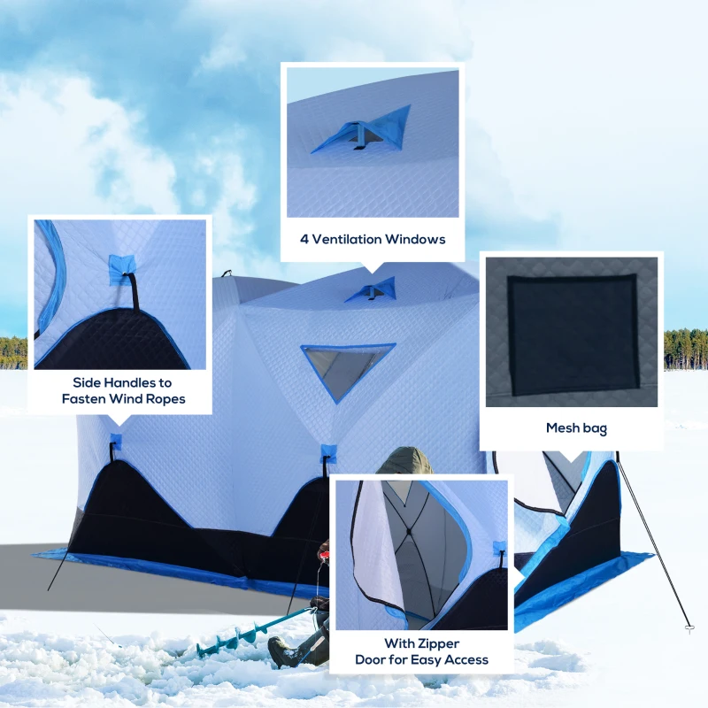 Outsunny 8 Person Ice Fishing Shelter, Pop-up Ice Fishing Tent, Ice Shanty, Portable and Insulated, with 2 Doors and Carrying Bag, Light Blue