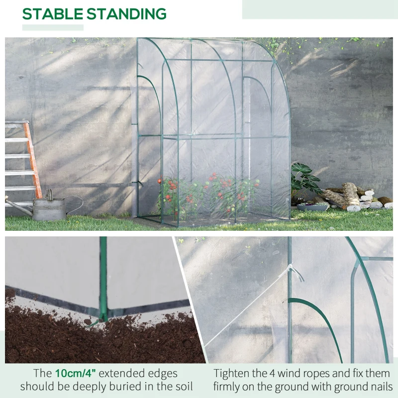 Outsunny 5' x 4' x 7' Lean-to Greenhouse, Walk-in Wall Mounted Hot House & Plant Nursery with 2 Zippered Roll Up Doors, Sloping PVC Cover, Green and Clear