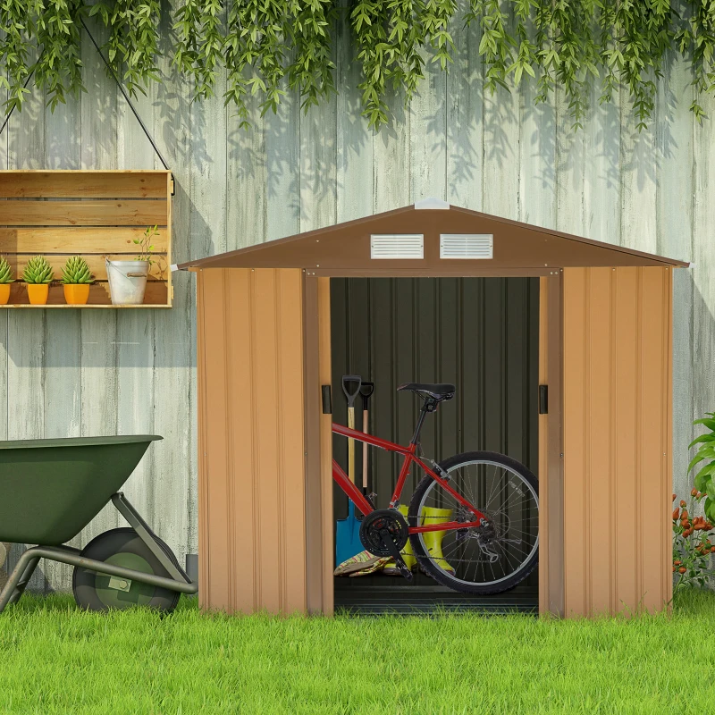 Outsunny 7' x 4' Outdoor Storage Shed, Garden Tool House w/ Foundation Kit Vents & Sliding Doors for Backyard Patio, Brown