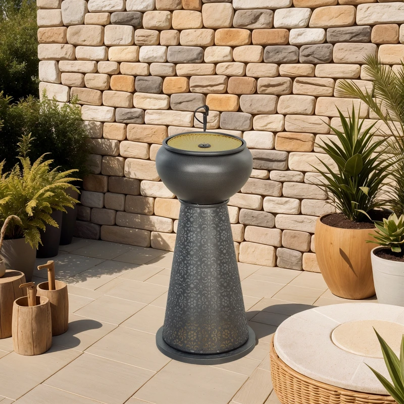 Outsunny 28" Tall Outdoor Water Fountain with LED Lights, Bowl Garden Waterfall Fountain with Adjustable Flow, Outdoor Water Feature with Cut-out Floral Base, Dark Grey and Yellow