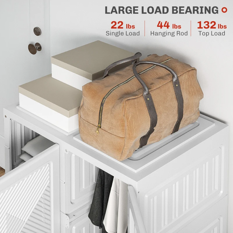 HOMCOM Portable Wardrobe, Foldable Clothes Storage Organizer with 3 Compartments, Hanging Rod, Magnet Doors, White