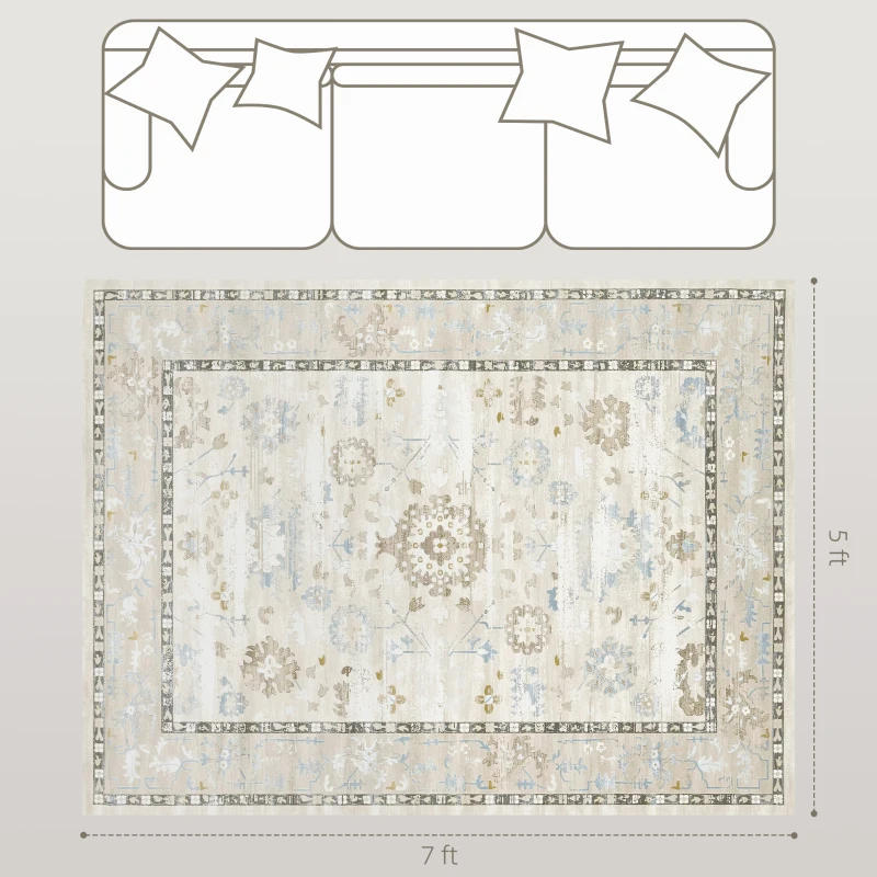 HOMCOM 5x7 Area Rug, Indoor Boho Machine Washable Carpet for Living Room, Bedroom, Dining Room, Kitchen, Blue