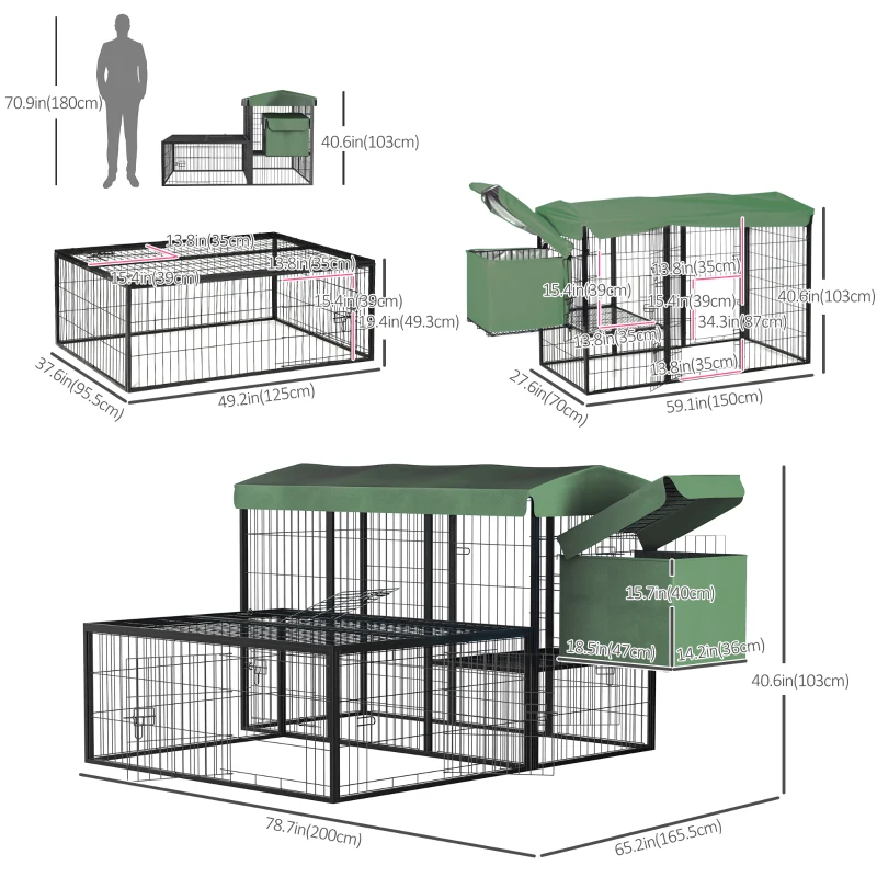PawHut 79in Large Metal Chicken Coop, Outdoor Hen House Poultry Duck Goose Cage with Water-Resistant Canopy, Run, Nesting Box, Lockable Doors, Green
