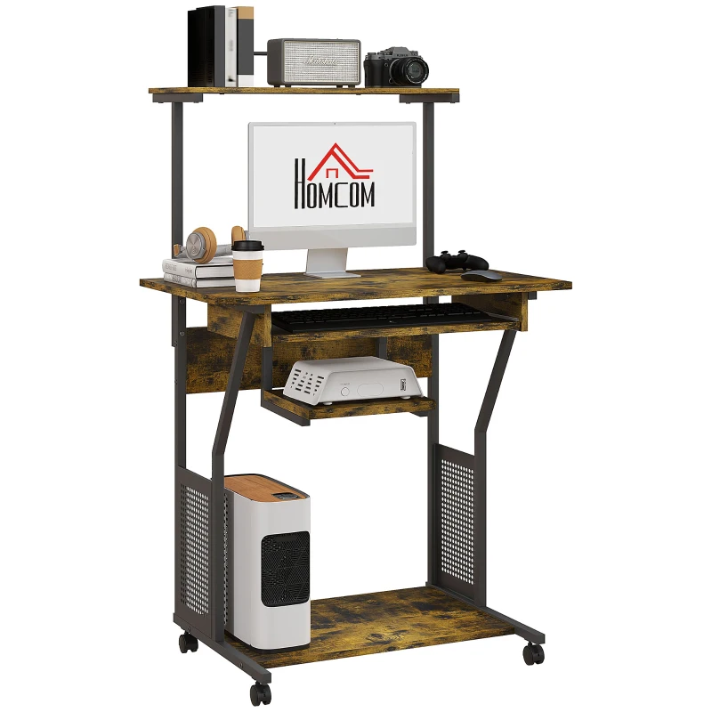 HOMCOM 32" Mobile Computer Table, Rolling Study Desk for Home Office with Keyboard Tray, Storage Shelves, Wheels, Rustic Brown