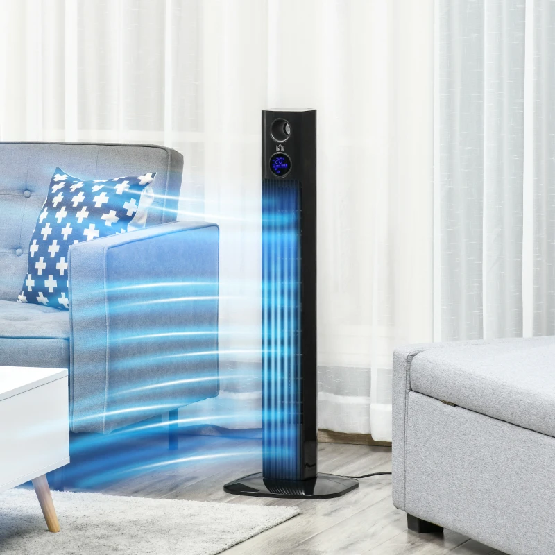 HOMCOM 38" Tower Fan for Bedroom Cooling, Standing Floor Fan with Aroma Diffuser, 70° Oscillating, 12 Hour Timer, LED Sensor Panel, and Remote Control, Black