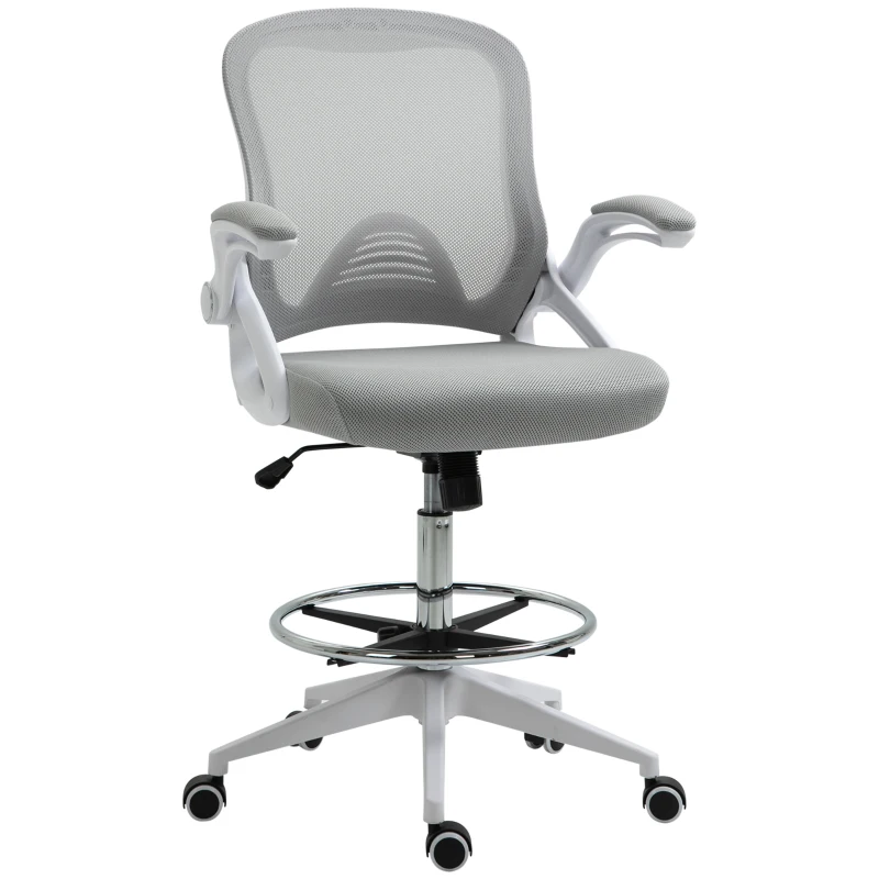 Vinsetto Height-Adjustable Tall Office Chair, Drafting Chair with Flip-Up Armrest, Footrest Ring, Swivel Wheels, Light Grey