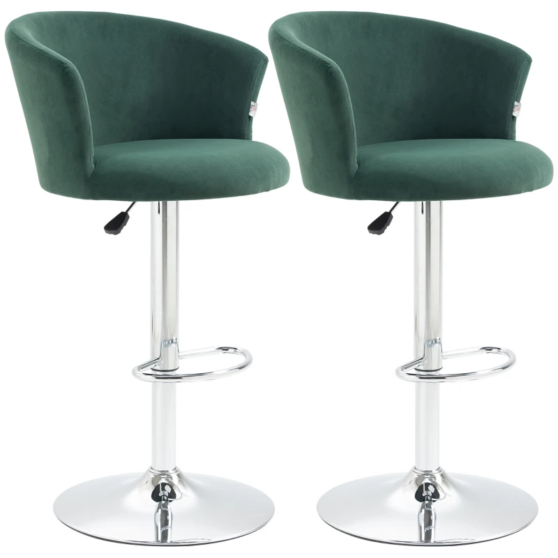 HOMCOM Adjustable Bar Stools Set of 2, Velvet Upholstered Counter Height Barstool with Swivel Seat, Wing Back, ‎Dark Green