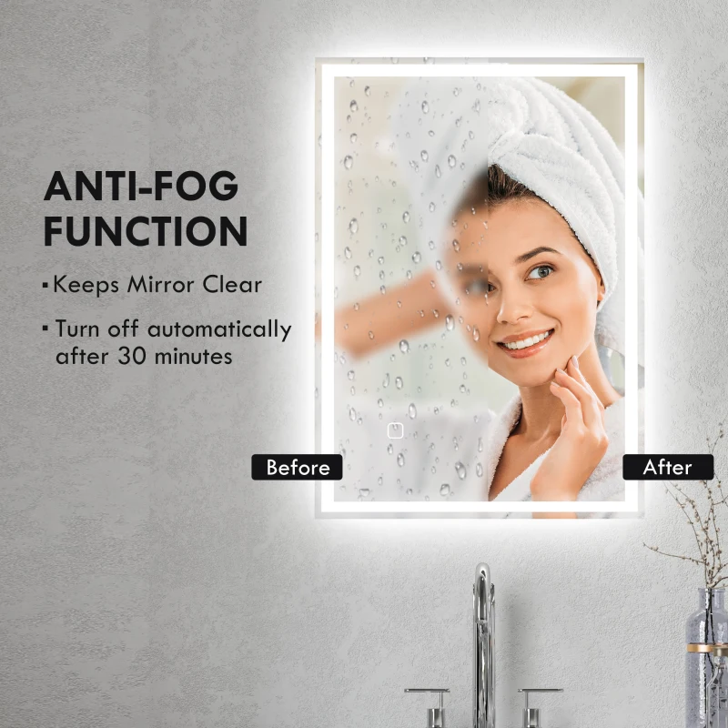 HOMCOM 28" x 20" Bathroom Mirror with LED Lights, Dimmable Makeup Mirror, Vanity Mirror with 3 Colors, Smart Touch, Anti-Fog