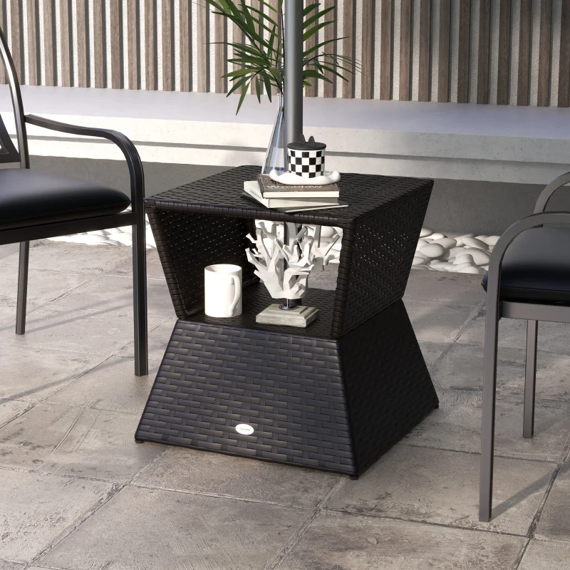 Outsunny Outdoor Patio Rattan Wicker Coffee Table Garden End Tea Table Bistro Side Table w/ Umbrella Hole, Dark Coffee